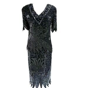 Mark & John By Gopal 100% Silk Sequin Skirt Blouse Set Women's M Black Vintage